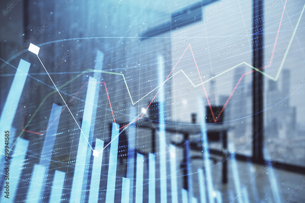 Business theme graph hologram with minimalistic cabinet interior background. Double exposure. Stock market concept. Business theme graph hologram with minimalistic cabinet interior background. Double exposure. Stock market concept.