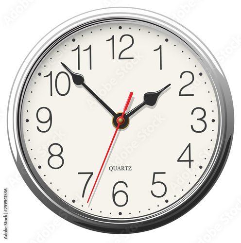 Round wall clock with glossy metallic body isolated on white