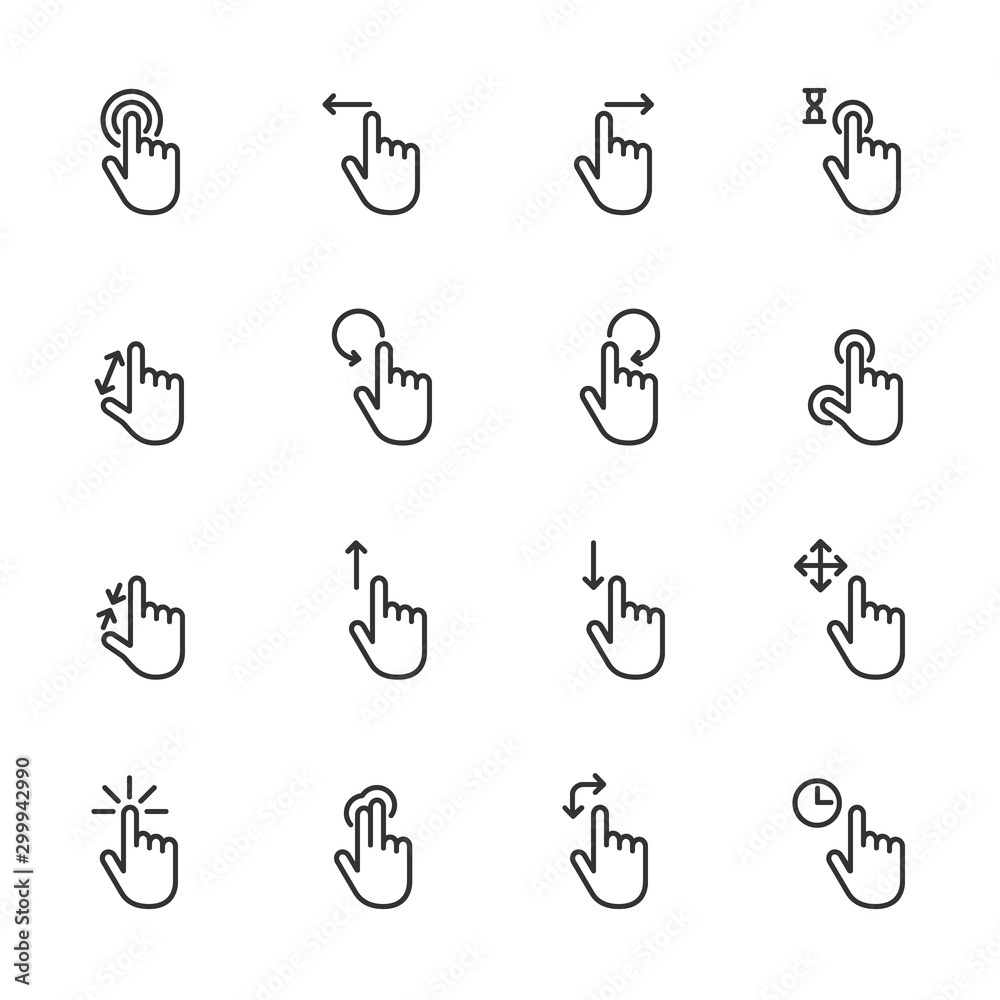Vector set of hand gestures touch screen line icons. Vector set of hand gestures touch screen line icons.