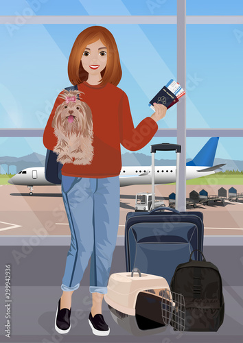 Airport waiting room, girl and her dog in the foreground. Terminal interior, panoramic window, airplane. Time to travel. Travel concept, vector illustration.
