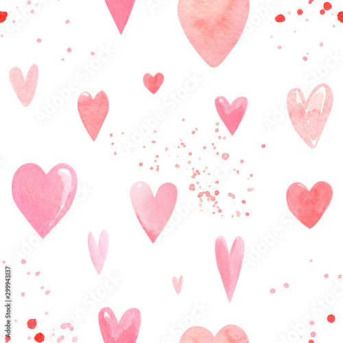 seamless pattern on a white background, watercolor illustration, hand drawing, heart doodles, valentines day