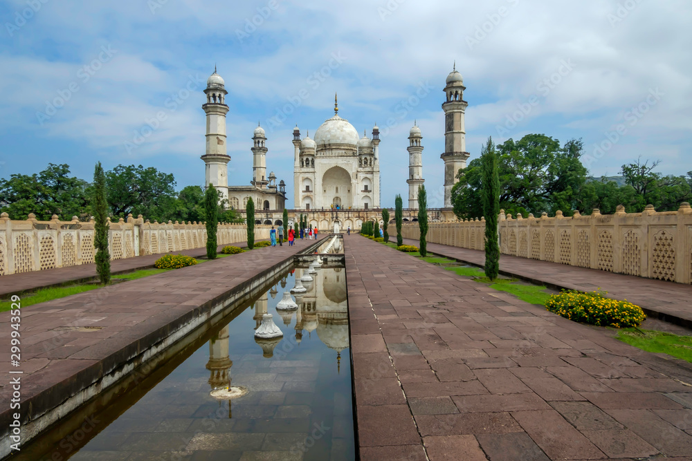 Fototapeta premium The Bibi Ka Maqbara at Aurangabad India. It was commissioned in 1660 by the Mughal emperor Aurangzeb in the memory of his first and chief wife Dilras Banu Begum.