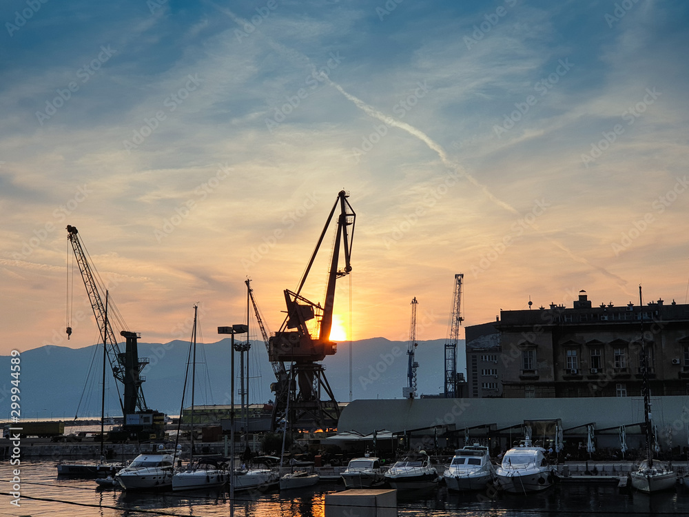 cranes in the port  at sunset