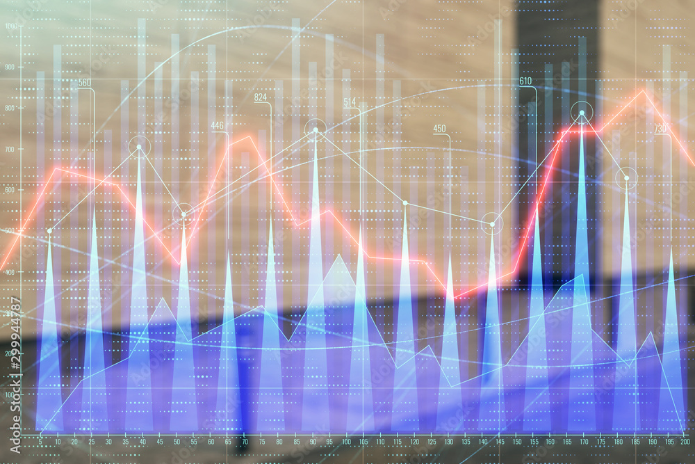 Double exposure of stock market graph on empty exterior background. Concept of analysis