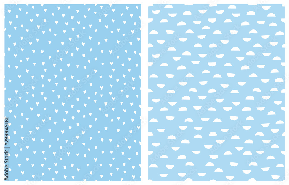 Pastel Color Geometric Seamless Vector Patterns. White Semi Circles Isolated on a Blue Background. Simple Romantic Print with Sweet Tiny Hearts on a Light Blue Layout. Baby Boy Party Decoration.
