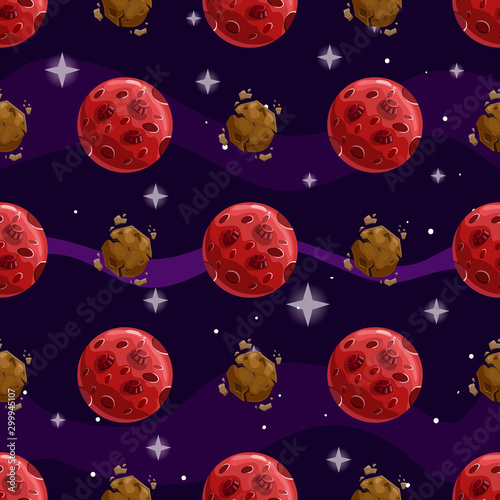 Seamless pattern with cartoon vector planet Mars