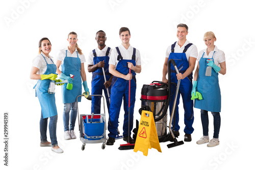 Group Of Professional Janitor Against White Background