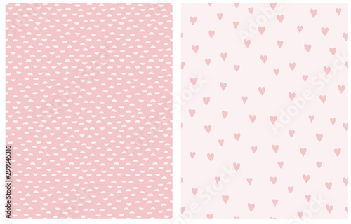 Pastel Pink Geometric Seamless Vector Patterns. White Semi Circles Isolated on a Pink Background. Simple Romantic Print with Sweet Tiny Hearts on a Light Pink Layout. Baby Girl Party Decoration.