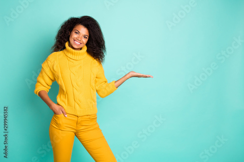 Portrait of her she nice attractive trendy cheerful wavy-haired girl in warm knitted sweater holding invisible object on palm isolated over bright vivid shine vibrant green blue color background