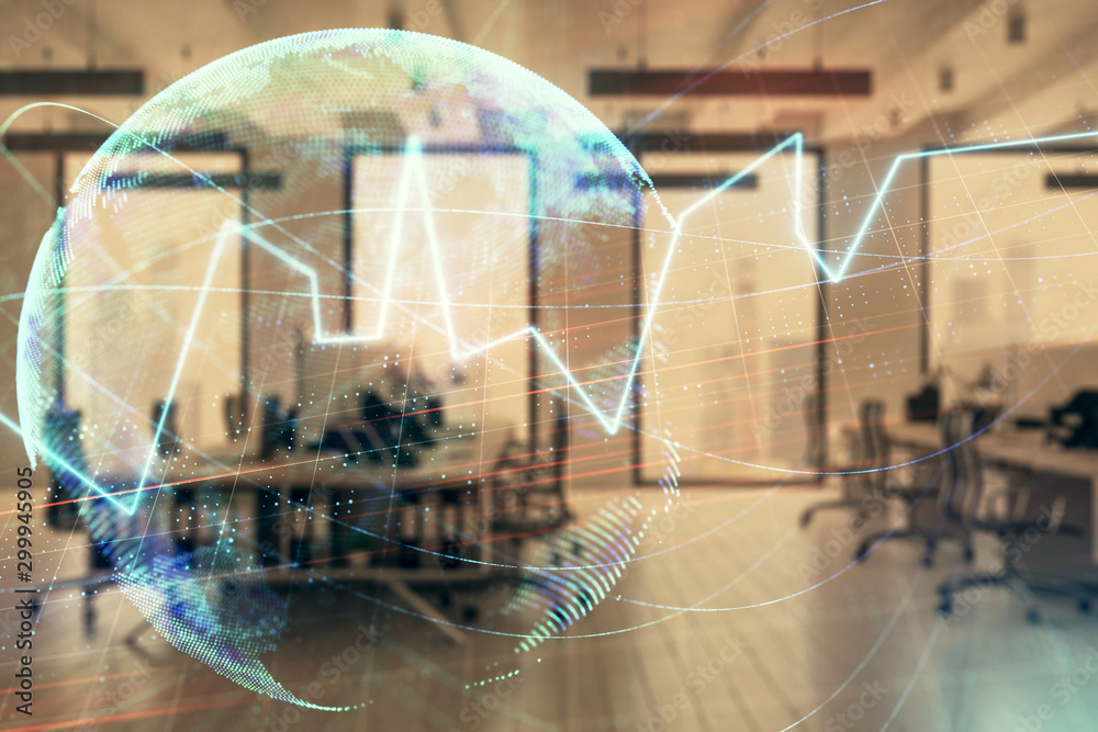 Stock and bond market graph and world map with trading desk bank office interior on background. Multi exposure. Concept of international finance Stock and bond market graph and world map with trading desk bank office interior on background. Multi exposure. Concept of international finance