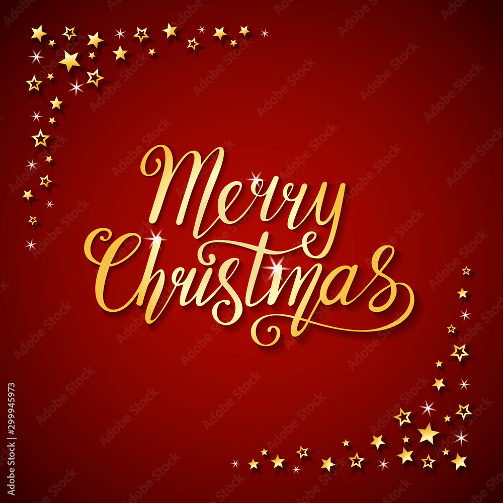 Beautiful banner with golden hand written text Merry Christmas and gold stars on dark red background; Hand drawn cute vector illustration in paper cut style; Creative graphic greeting card