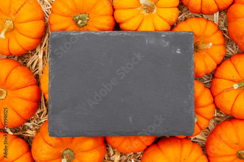 Fotografie Chalkboard sign on pumpkins and a straw hay background