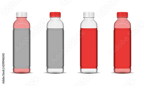 Clear bottle with round screw cap and blank label, realistic mockup. Liquid food product or drink container packaging set, vector template. Easy to recolor