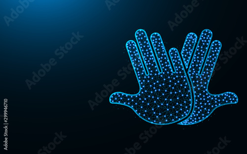 High five low poly design, hands abstract geometric image, clap wireframe mesh polygonal vector illustration made from points and lines on dark blue background