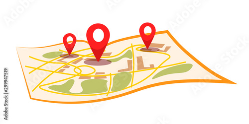 City map with pins flat vector illustration