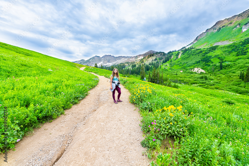 Albion Basin, Utah summer with wide angle of woman standing on steep road landscape view on meadows trail in Wasatch mountains wildflowers