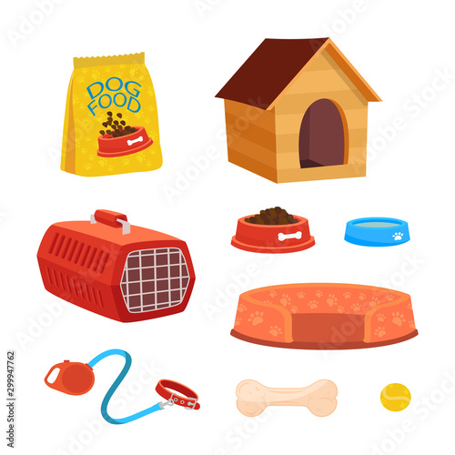 Dog accessories flat vector illustrations set
