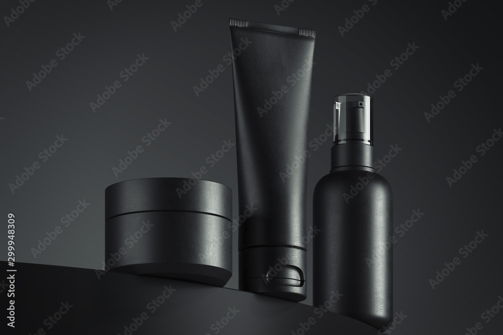 Cosmetic Bottle Set for liquid, cream, gel, lotion. Beauty product package, blank templates of containers. 3d rendering