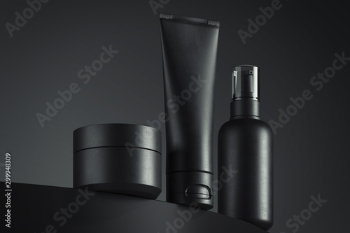 Cosmetic Bottle Set for liquid, cream, gel, lotion. Beauty product package, blank templates of containers. 3d rendering