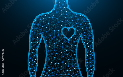 Man and heart symbol low poly design, human health abstract geometric image, wireframe mesh polygonal vector illustration made from points and lines on dark blue background