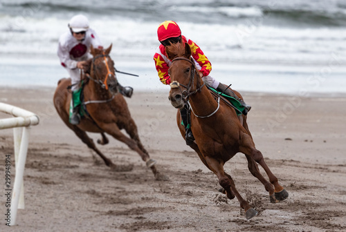 Lead Race horse and jockey racing around the corner of the track, Horse racing on the beach
