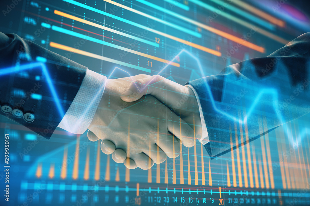 Multi exposure of forex graph on abstract background with two businessmen handshake. Concept of success on stock market