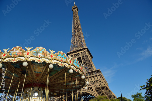 Paris, France - May 8 2019 Eiffel Tower, symbol of Paris with on blue sky