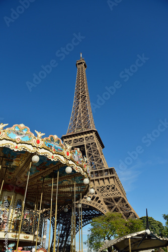 Paris, France - May 8 2019 Eiffel Tower, symbol of Paris with on blue sky
