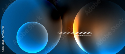 Glowing neon transparent bubbles background. Techno modern circles in dark space.
