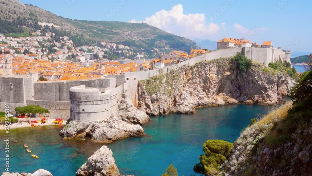 Aerial view at famous european travel destination city of Dubrovnik - Fort Bokar on a sunny day. Location place Croatia, South Dalmatia, Europe. 