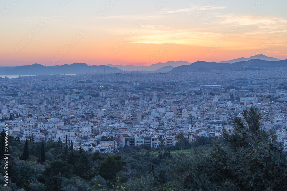 Athens view after sunset from Filopappou Hill