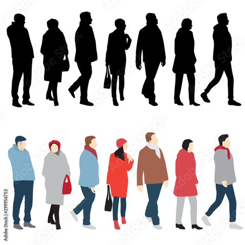 Silhouettes of men and women standing and walking, cartoon characte, outerwear, group business people, vector illustration, flat designe icon, isolated on white background