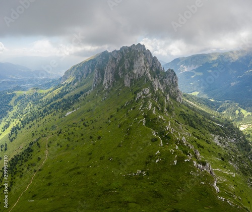 Aerial view of Cima di Bares and Valzurio valley at the foothills of Pizzo della Presolana. Castione della Presolana, Bergamo province, upper Val Seriana, Lombardy, Italy. photo