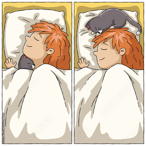 Sleeping girl with cat. Hand drawn vector illustration with separate layers.