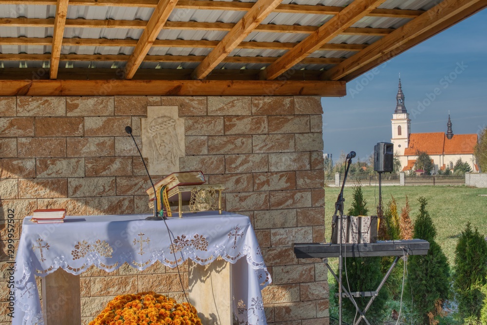 village cemetery on the day of the day of the dead, a field altar prepared at the cemetery to celebrate mass for the dead