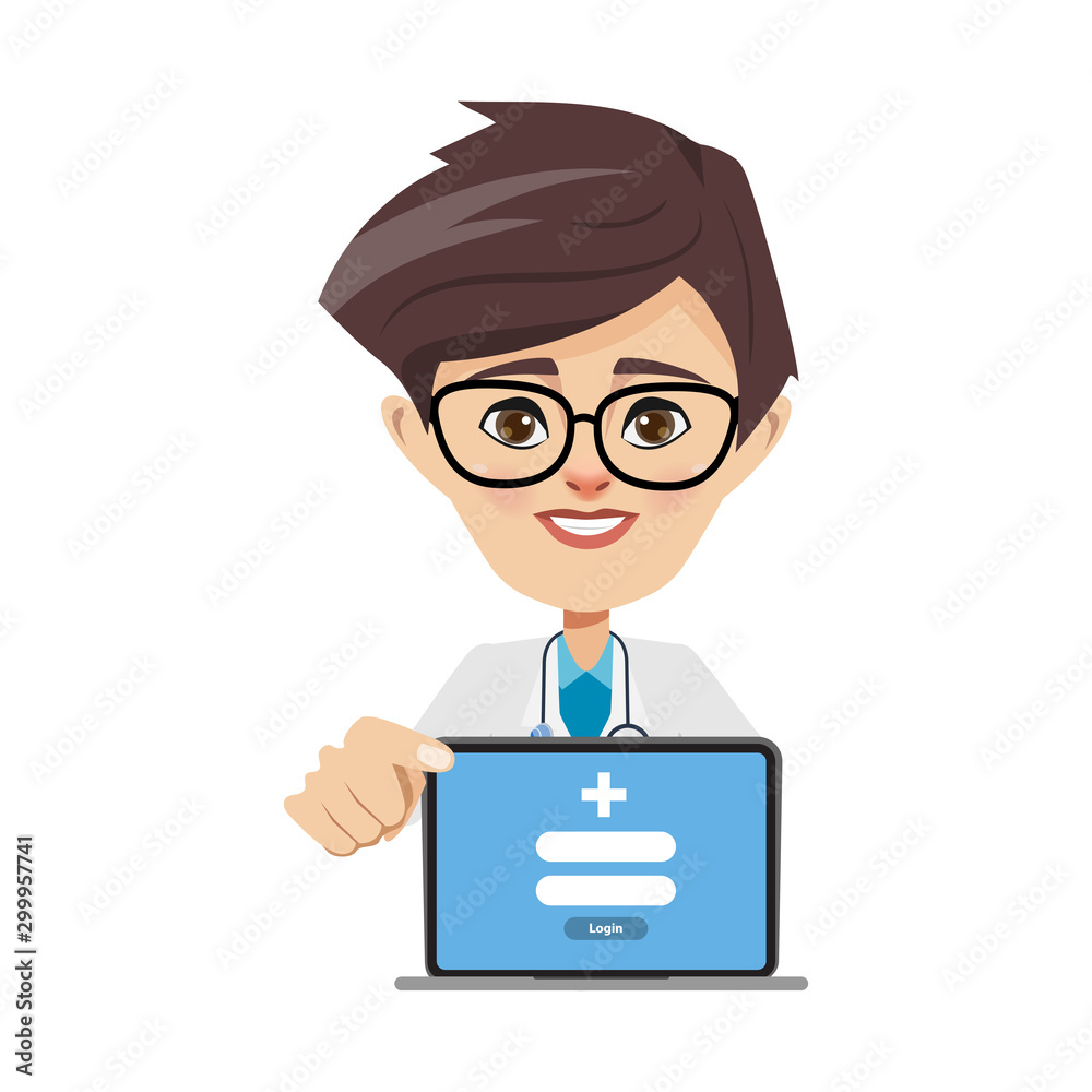 Doctor man presenting to hospital application online with notebook laptop.  Animated healthcare medical people. Stock Vector | Adobe Stock