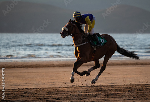 Silhouette of Race horse and jockey galloping on the beach at sunset , horse racing on the west coast of Ireland