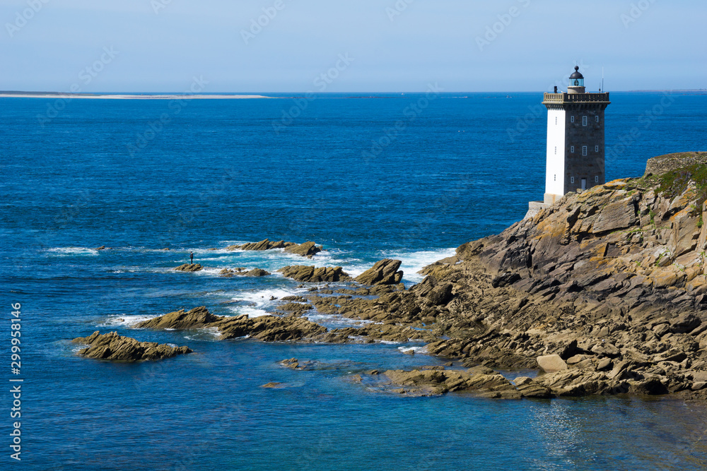 view of the Kermovan lighthouse and bay on the  coast of Brittany in France
