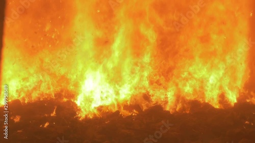 Looking inside an incinerator, in a factory. Burning fire.
