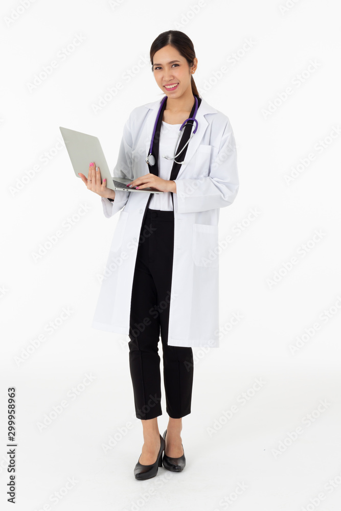 Portrait of asian an attractive young female doctor in white coat about medical or science health care concept on white background Portrait of asian an attractive young female doctor in white coat about medical or science health care concept on white background