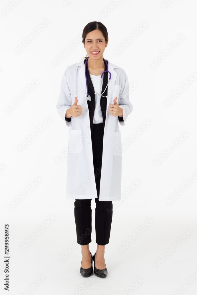 Portrait of asian an attractive young female doctor in white coat about medical or science health care concept on white background Portrait of asian an attractive young female doctor in white coat about medical or science health care concept on white background