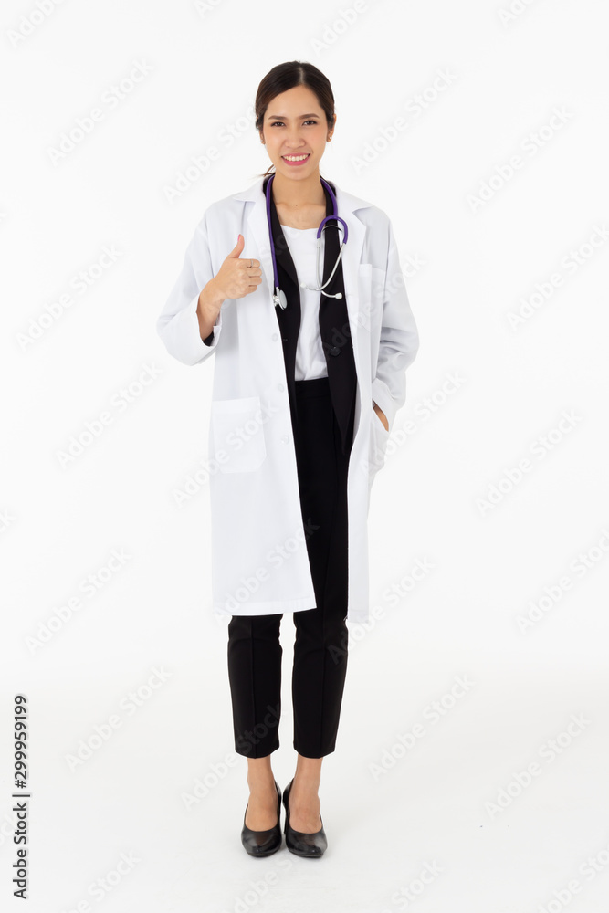 Portrait of asian an attractive young female doctor in white coat about medical or science health care concept on white background Portrait of asian an attractive young female doctor in white coat about medical or science health care concept on white background