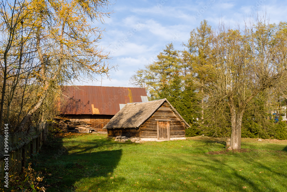 Fototapeta premium Krajobraz wiejski Podlasia, architektura drewniana, Sokołda, Podlasie, Polska