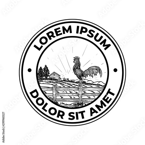 Crowing rooster perch on wood fence in the morning - logo label hand drawn concept