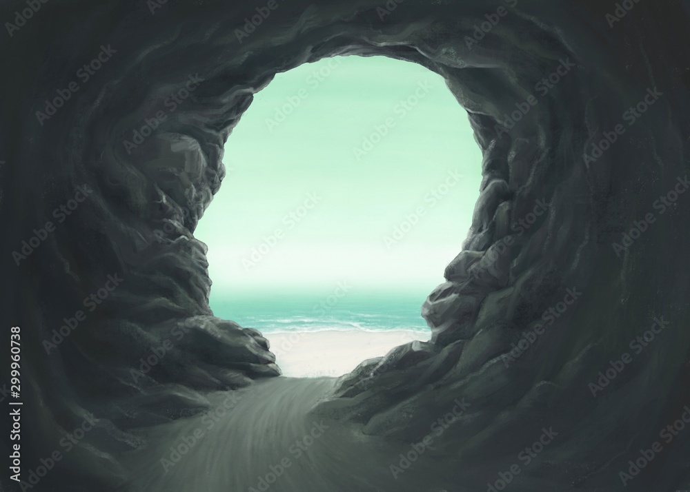 Fototapeta Surrealistyczna koncepcja duchowości i wolności, wejście do jaskini ludzkiej głowy z morzem, malarstwo fantasy