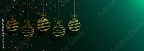 green merry christmas banner with creative golden balls