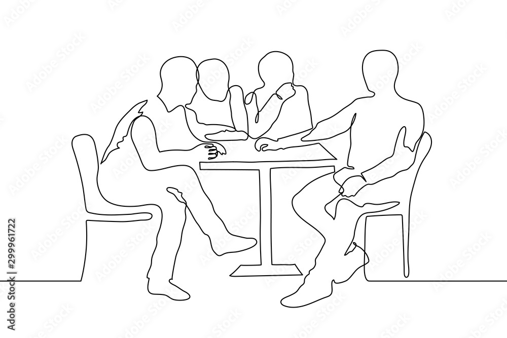 continuous line art silhouette of four men at a small table. The three men  look at