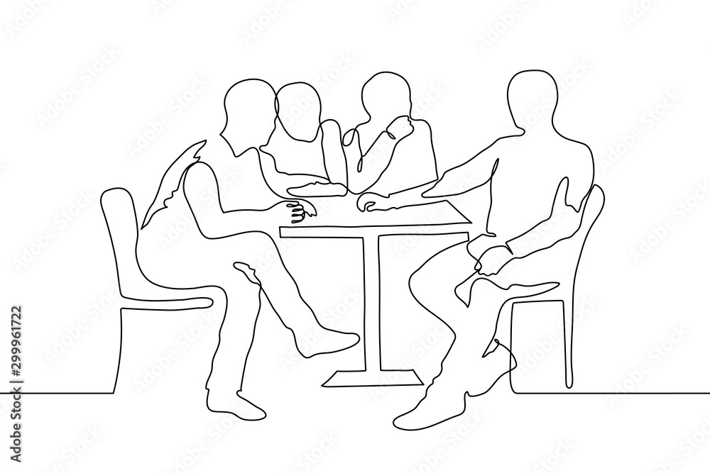 continuous line art silhouette of four men at a small table. The three men look at the fourth, who is sitting dominantly across from them. A company of friends in a cafe, corporate gatherings, waiting continuous line art silhouette of four men at a small table. The three men look at the fourth, who is sitting dominantly across from them. A company of friends in a cafe, corporate gatherings, waiting