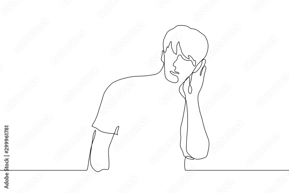 continuous line drawing the silhouette of a man who put his hand to his ear  to