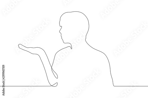 continuous line drawing silhouette of a male profile with open empty palm. A man is blowing in the palm of his hand. Making a wish, a kiss, emotional sensuality. It can be used for animation. vector